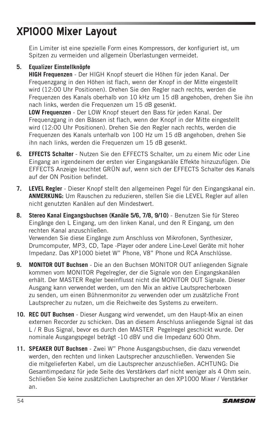 Xp1000 mixer layout | Samson Expedition XP1000 1,000W Portable PA System User Manual | Page 54 / 112