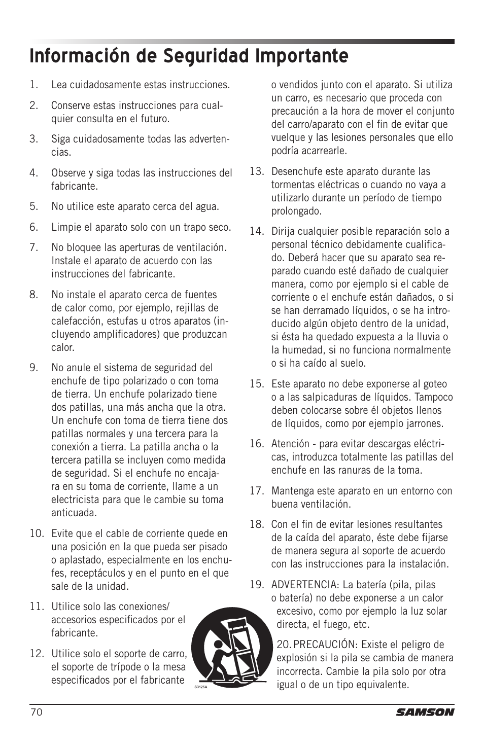Información de seguridad importante | Samson Expedition XP1000 1,000W Portable PA System User Manual | Page 70 / 112