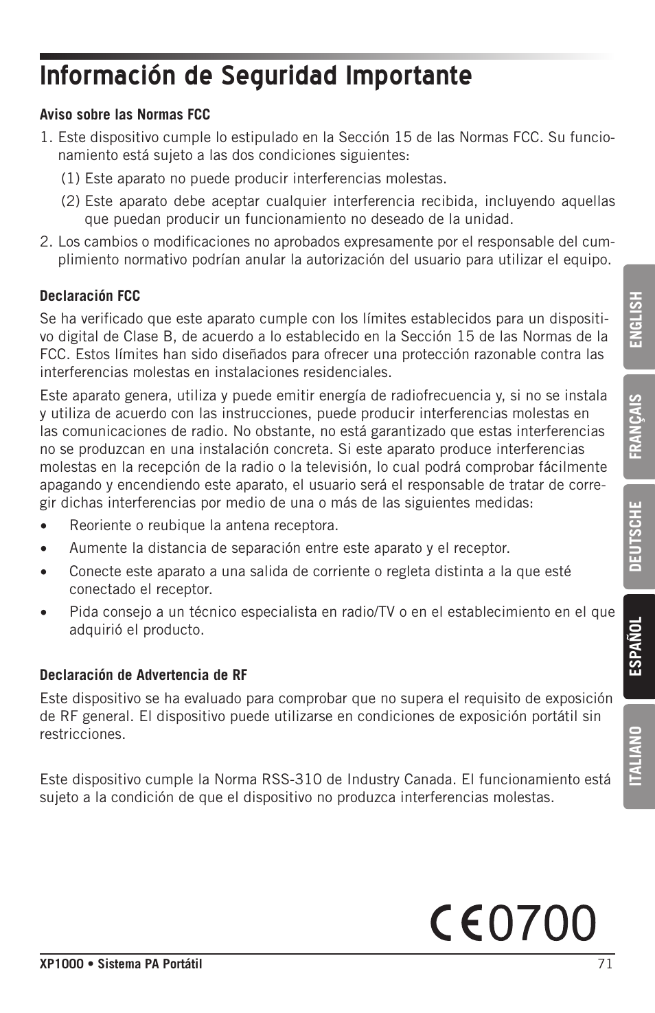Información de seguridad importante | Samson Expedition XP1000 1,000W Portable PA System User Manual | Page 71 / 112