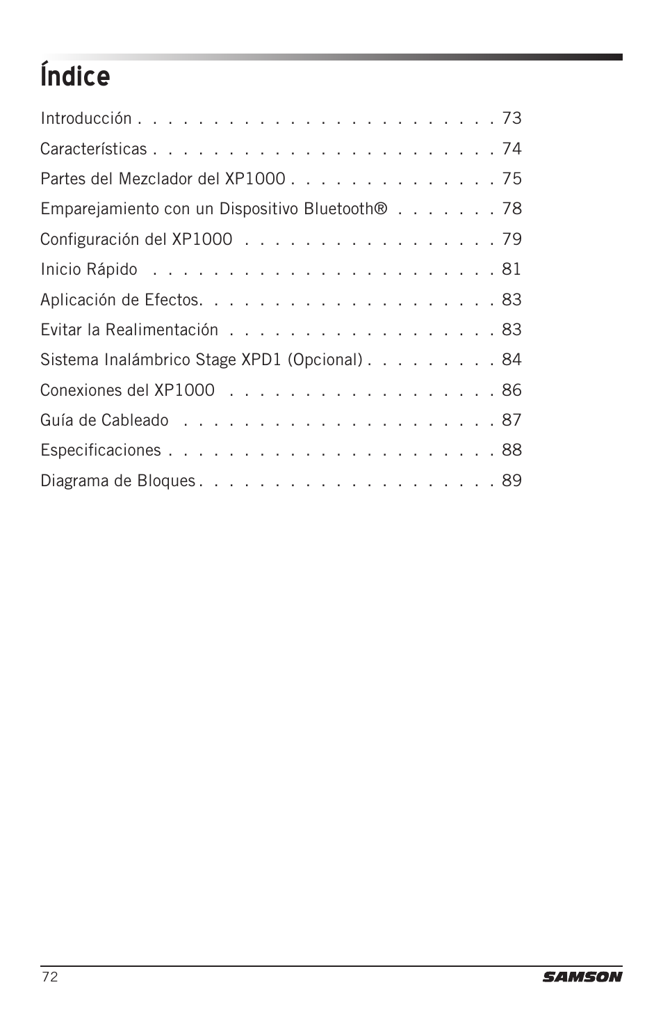 Índice | Samson Expedition XP1000 1,000W Portable PA System User Manual | Page 72 / 112