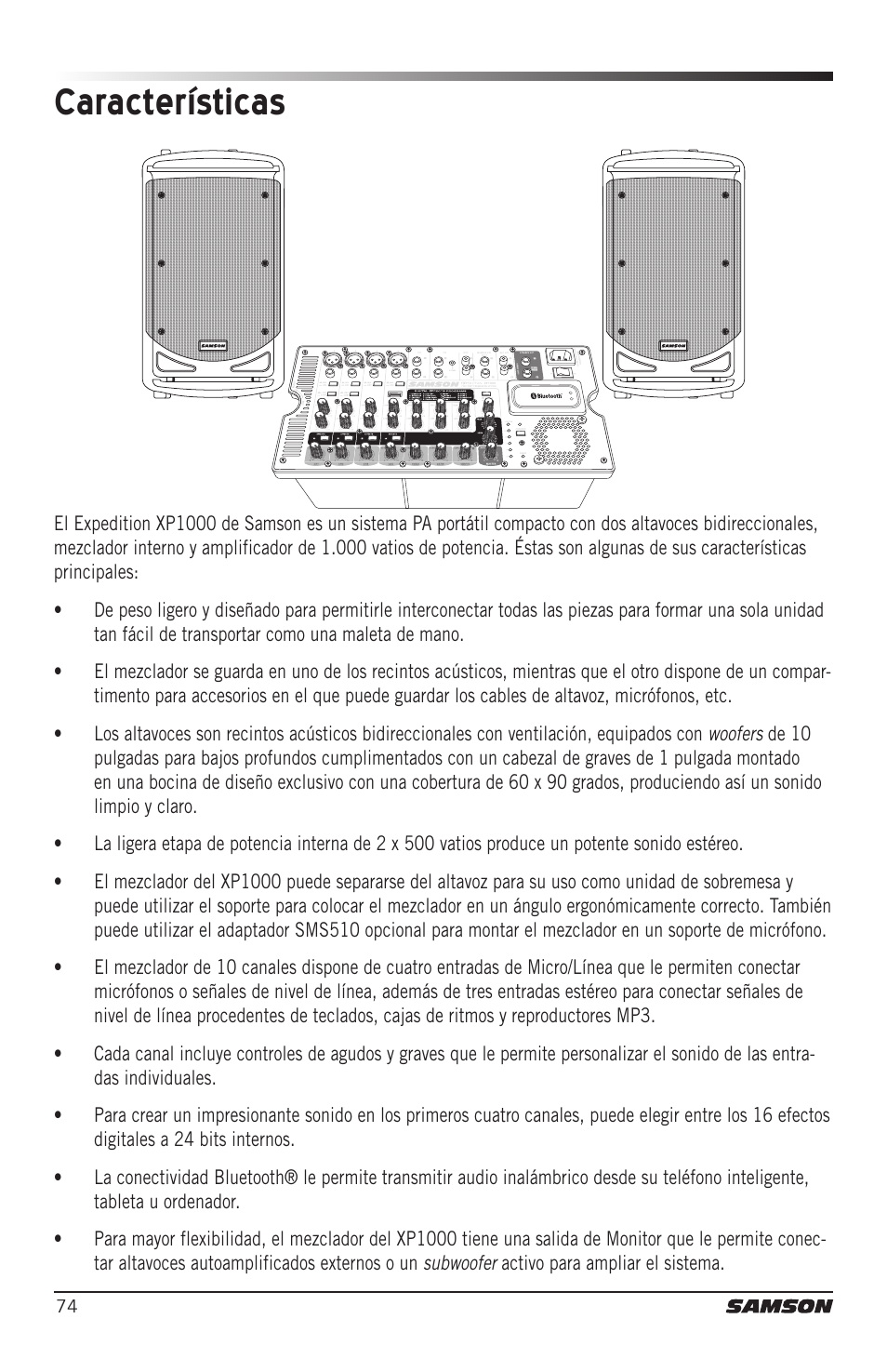 Características | Samson Expedition XP1000 1,000W Portable PA System User Manual | Page 74 / 112