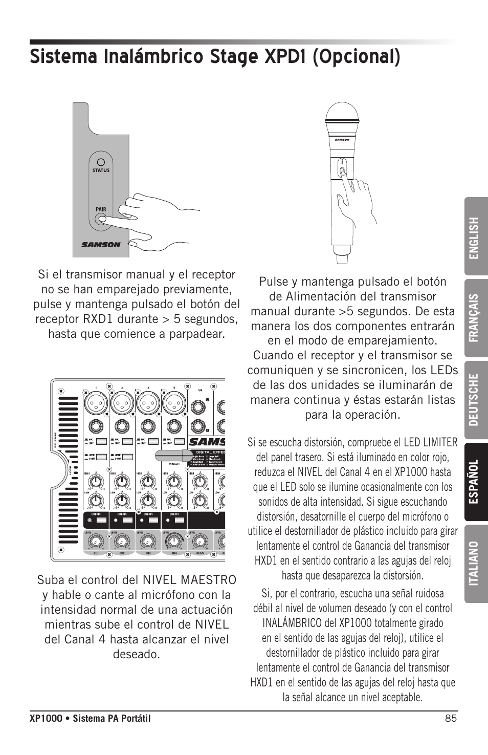 Sistema inalámbrico stage xpd1 (opcional) | Samson Expedition XP1000 1,000W Portable PA System User Manual | Page 85 / 112