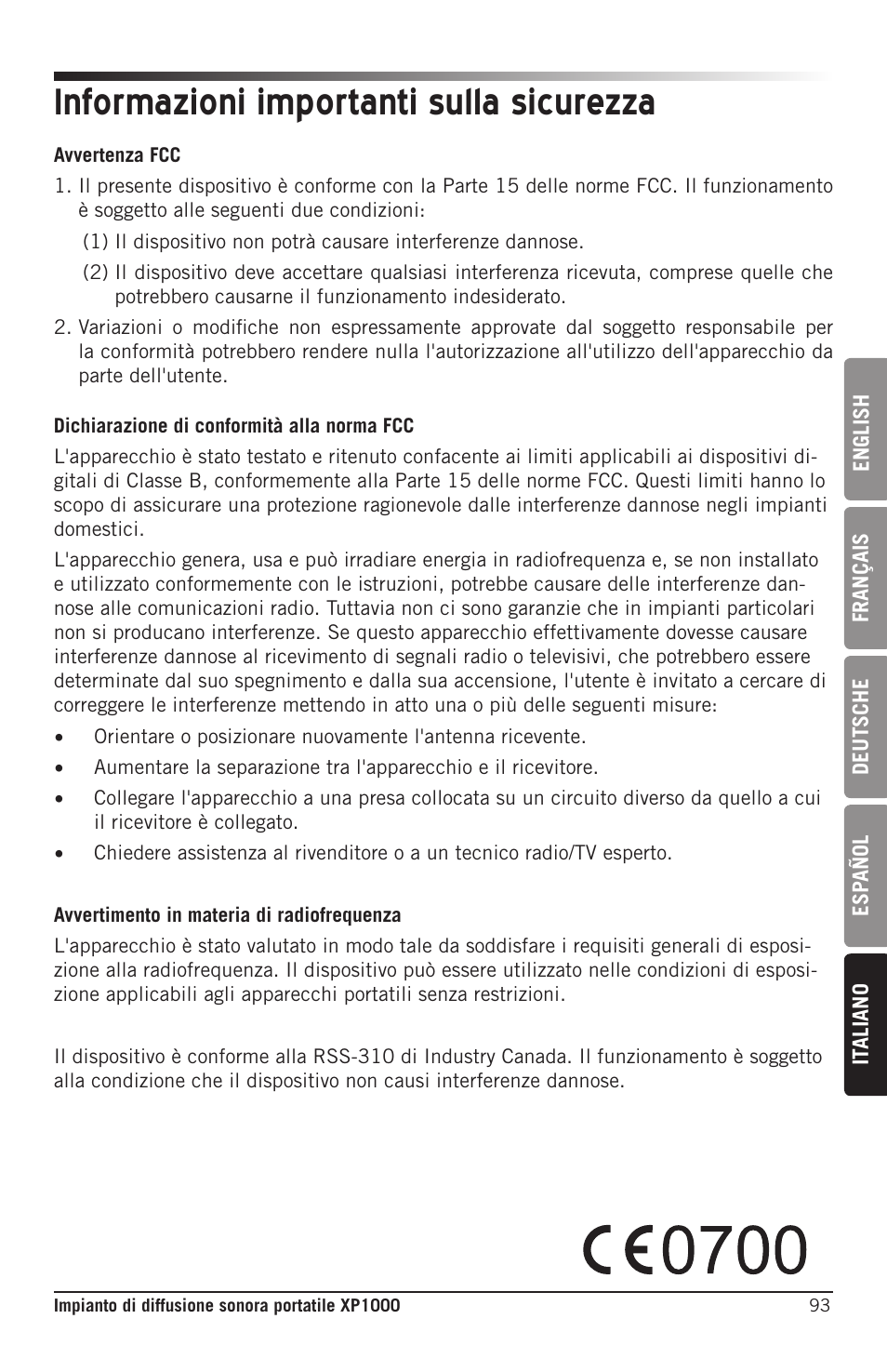 Informazioni importanti sulla sicurezza | Samson Expedition XP1000 1,000W Portable PA System User Manual | Page 93 / 112