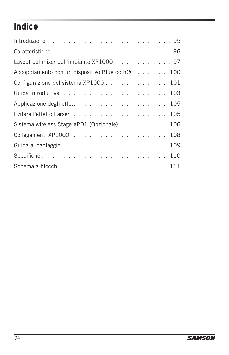 Indice | Samson Expedition XP1000 1,000W Portable PA System User Manual | Page 94 / 112