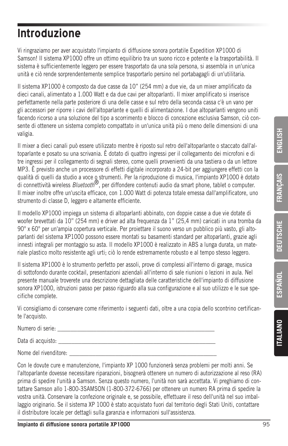 Introduzione | Samson Expedition XP1000 1,000W Portable PA System User Manual | Page 95 / 112