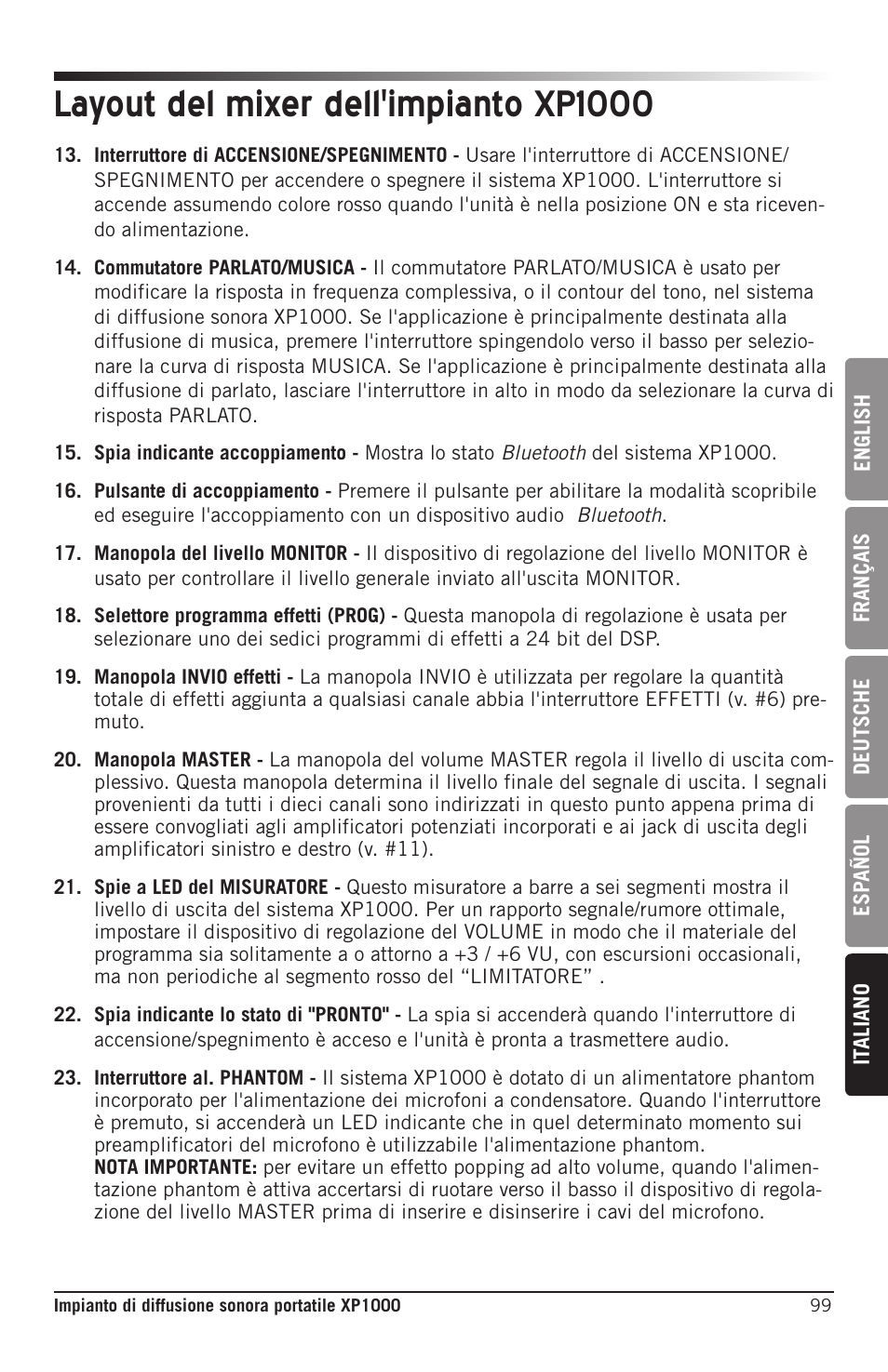 Layout del mixer dell'impianto xp1000 | Samson Expedition XP1000 1,000W Portable PA System User Manual | Page 99 / 112