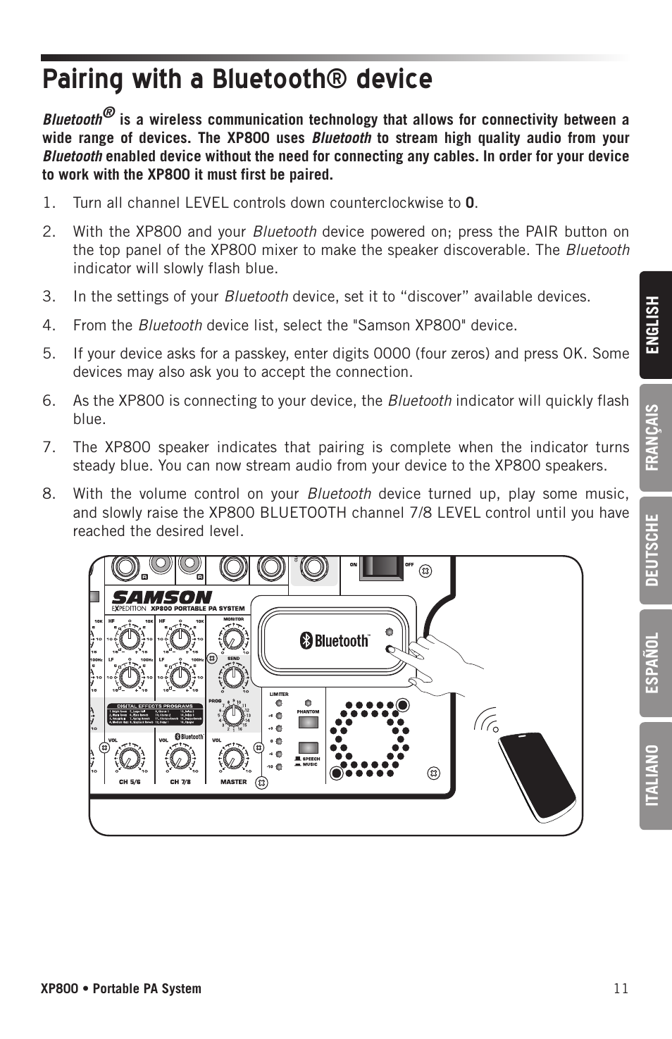 Pairing with a bluetooth® device | Samson Expedition XP800 800W Portable PA System User Manual | Page 11 / 92