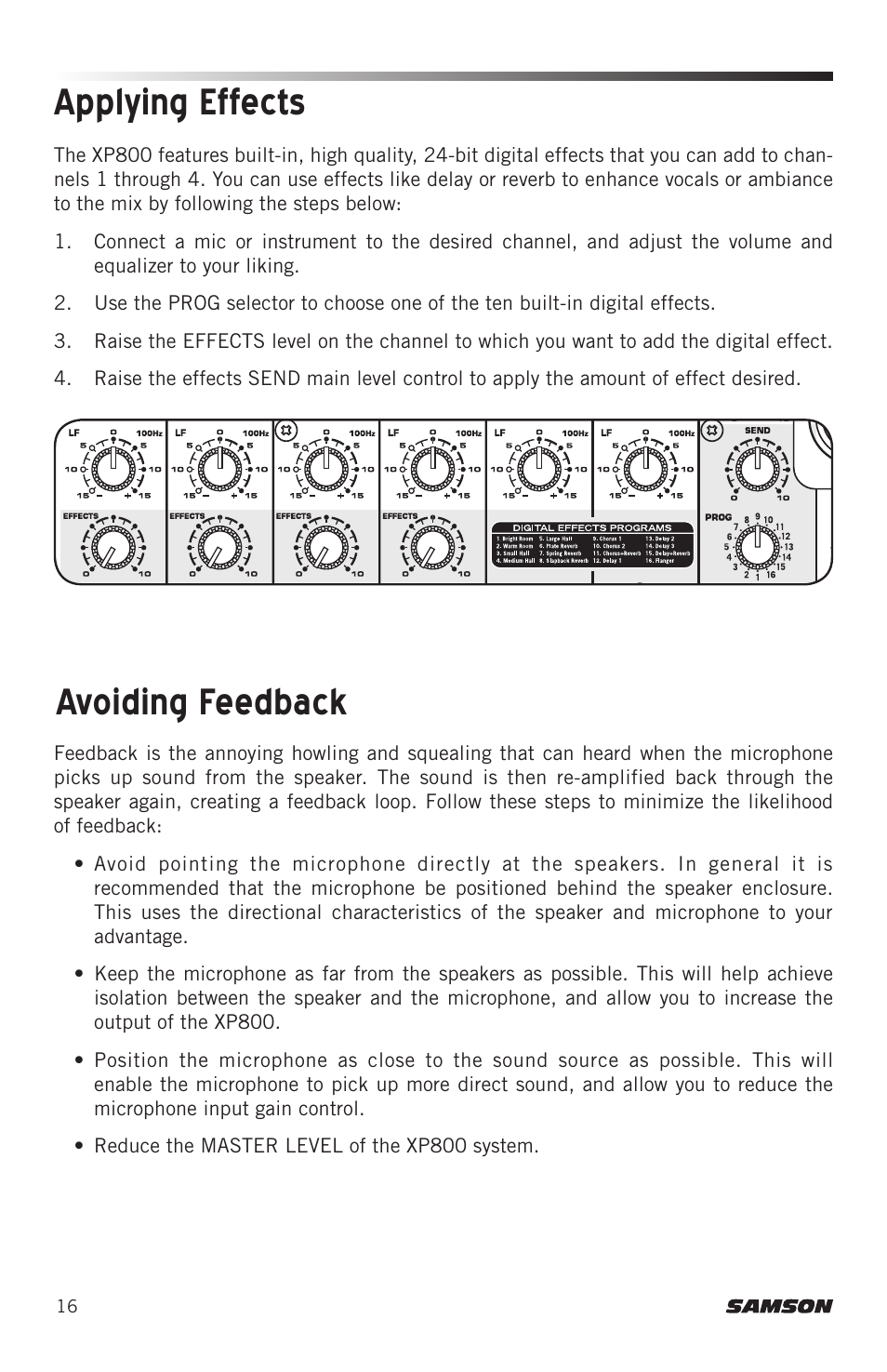 Applying effects, Avoiding feedback | Samson Expedition XP800 800W Portable PA System User Manual | Page 16 / 92