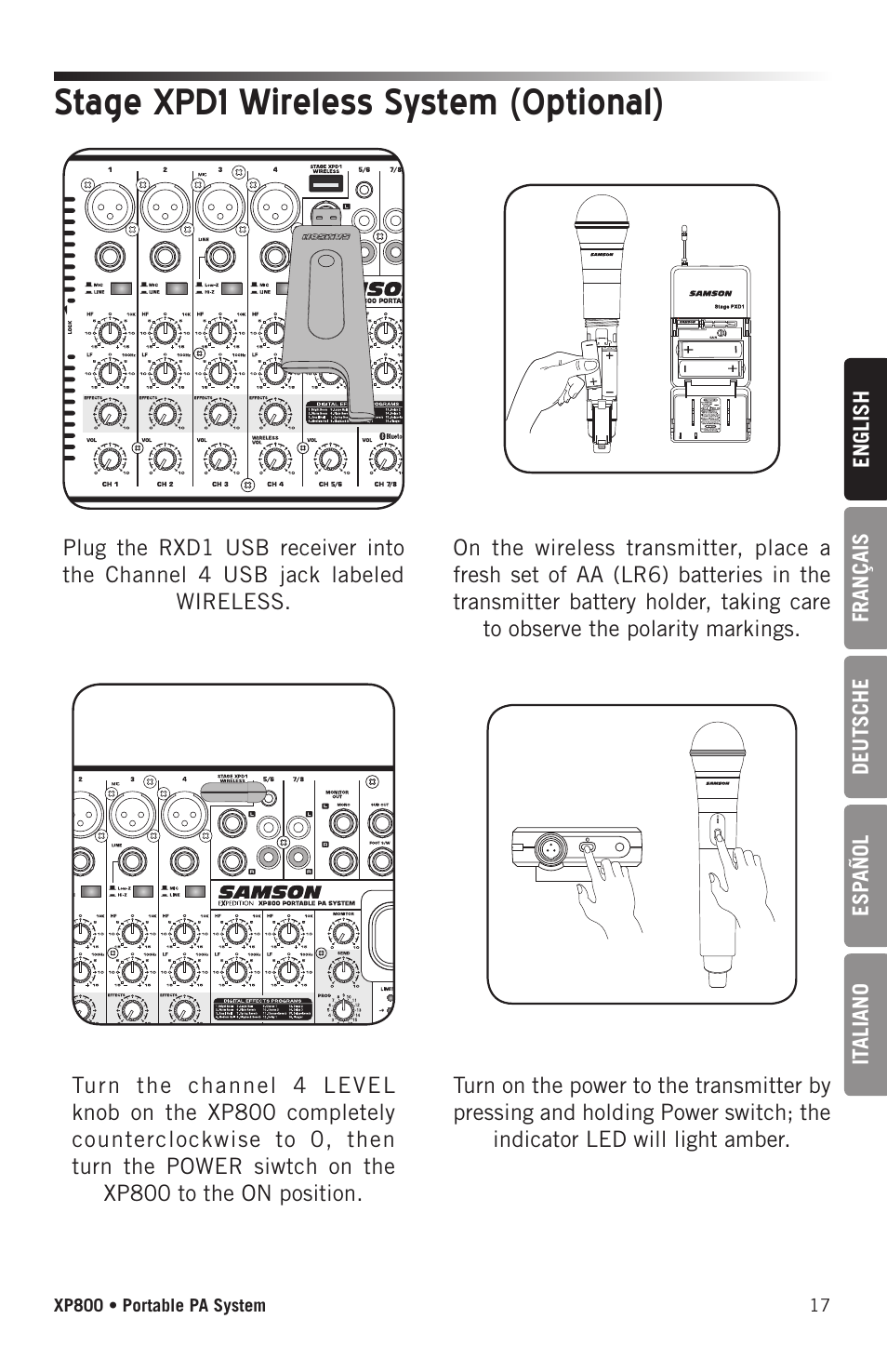 Stage xpd1 wireless system (optional) | Samson Expedition XP800 800W Portable PA System User Manual | Page 17 / 92