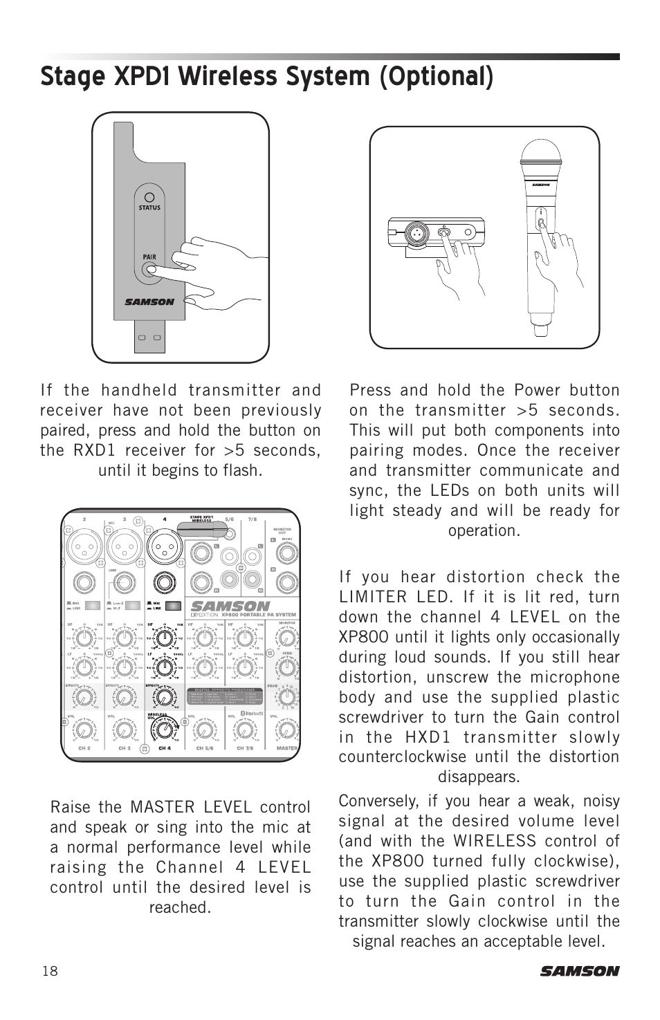 Stage xpd1 wireless system (optional) | Samson Expedition XP800 800W Portable PA System User Manual | Page 18 / 92