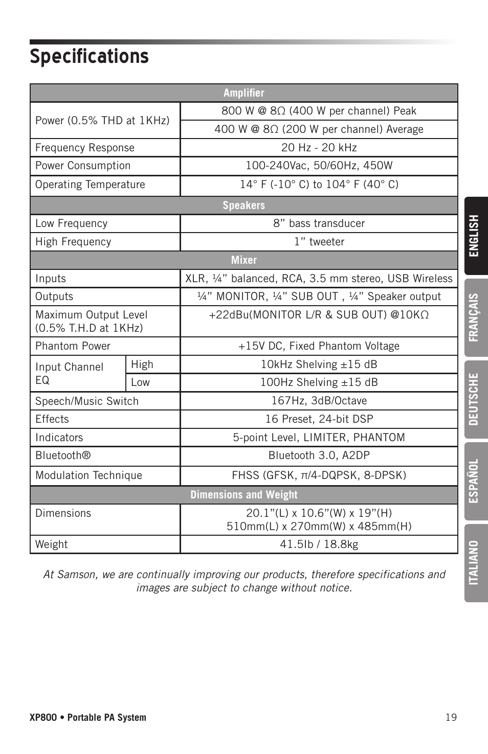 Specifications | Samson Expedition XP800 800W Portable PA System User Manual | Page 19 / 92