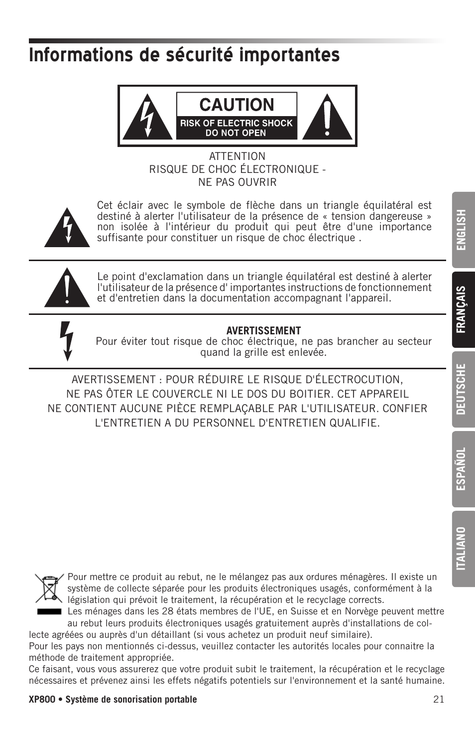 Informations de sécurité importantes | Samson Expedition XP800 800W Portable PA System User Manual | Page 21 / 92