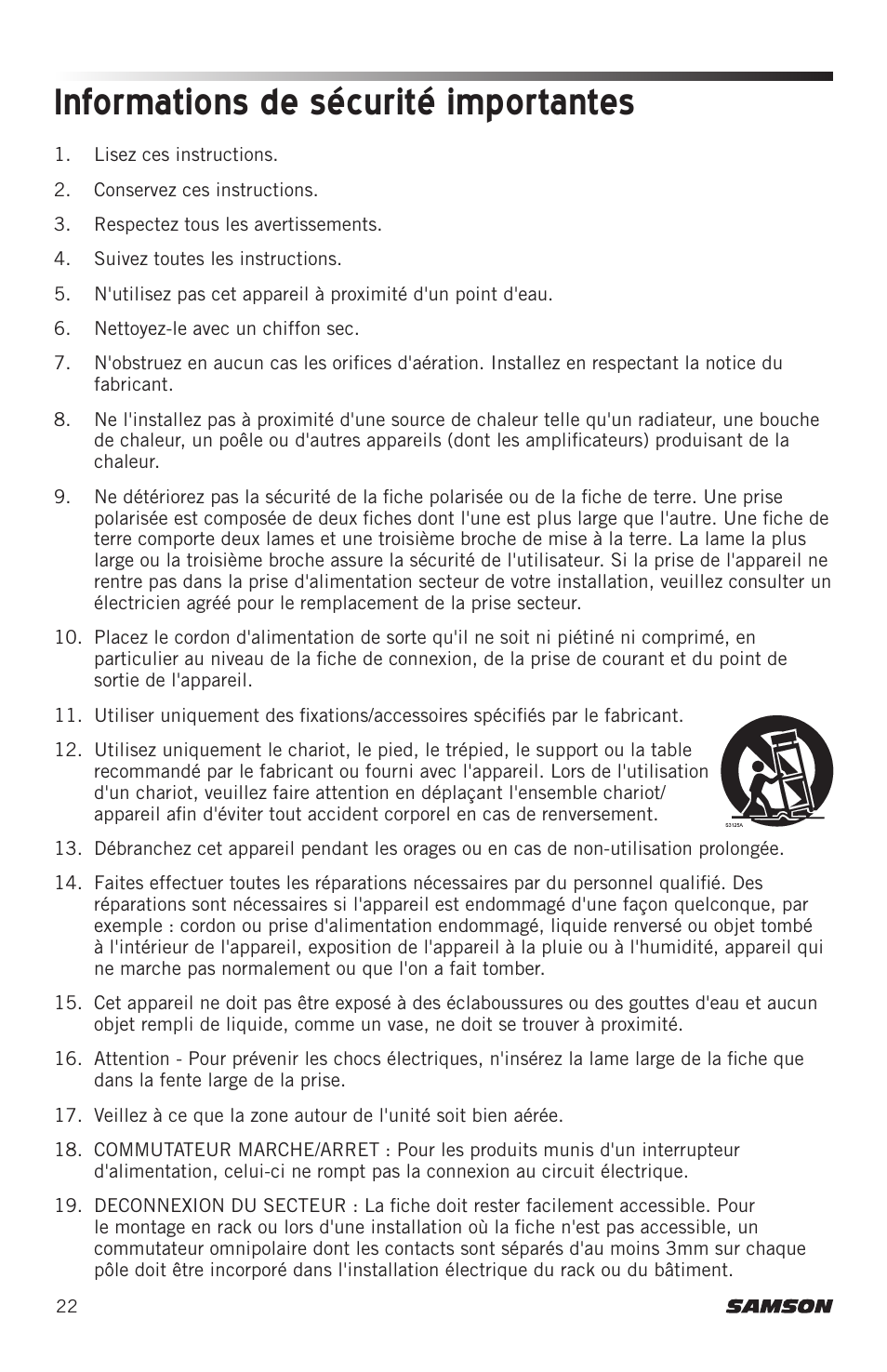 Informations de sécurité importantes | Samson Expedition XP800 800W Portable PA System User Manual | Page 22 / 92