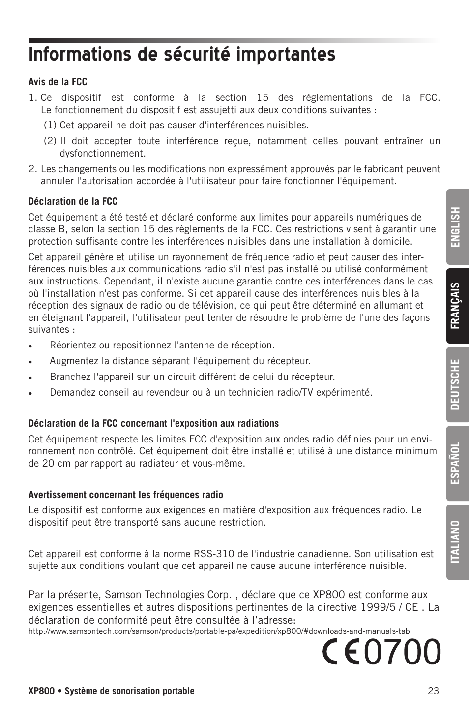 Informations de sécurité importantes | Samson Expedition XP800 800W Portable PA System User Manual | Page 23 / 92
