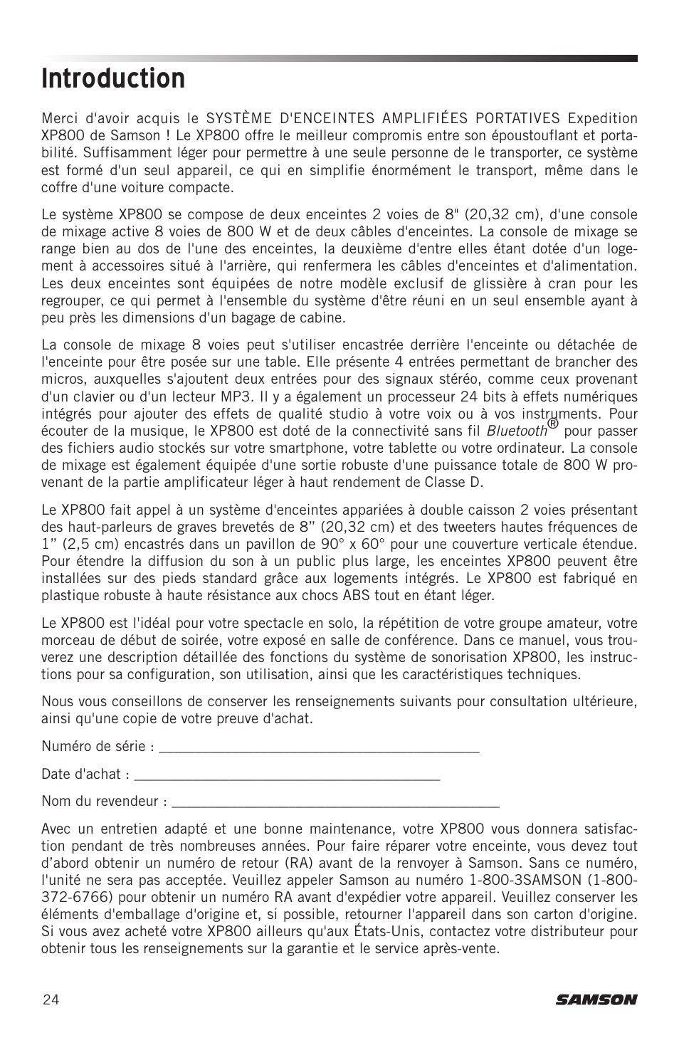 Introduction | Samson Expedition XP800 800W Portable PA System User Manual | Page 24 / 92