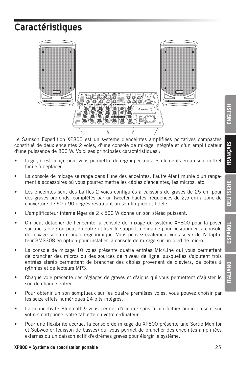 Caractéristiques | Samson Expedition XP800 800W Portable PA System User Manual | Page 25 / 92