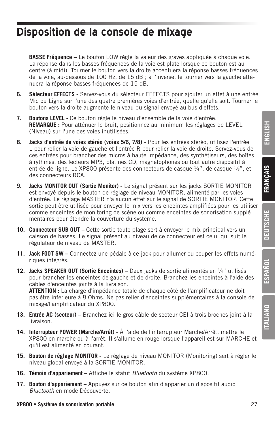 Disposition de la console de mixage | Samson Expedition XP800 800W Portable PA System User Manual | Page 27 / 92