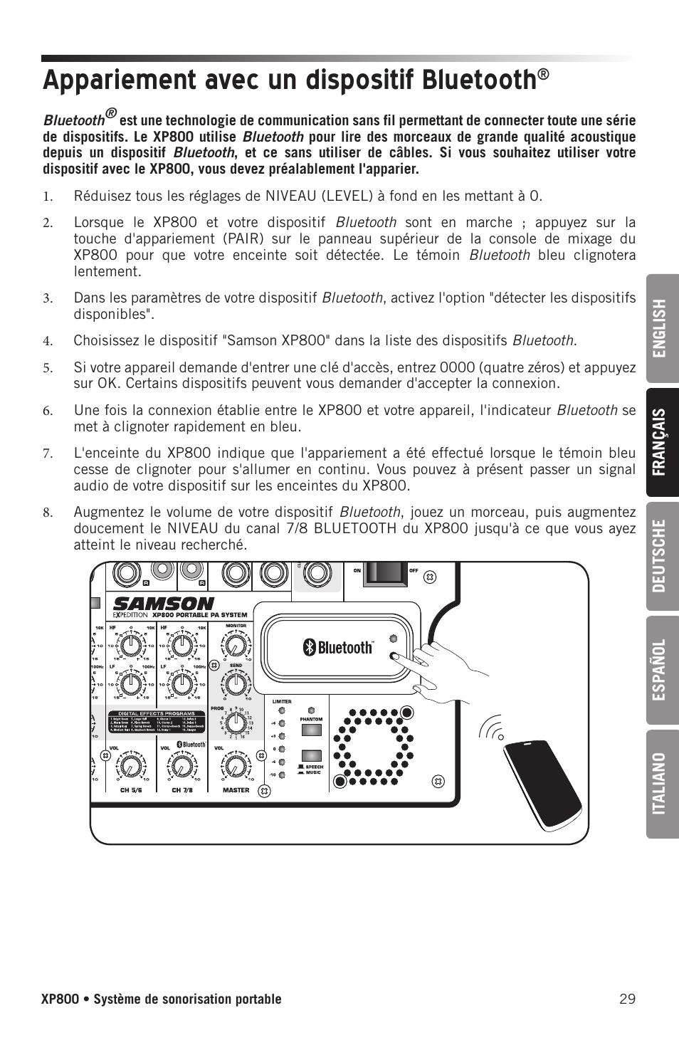 Appariement avec un dispositif bluetooth | Samson Expedition XP800 800W Portable PA System User Manual | Page 29 / 92