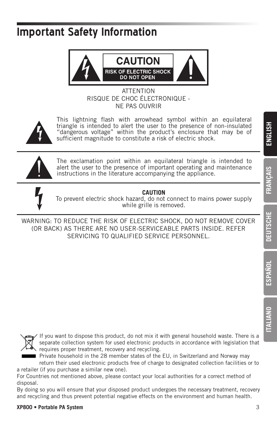 Important safety information | Samson Expedition XP800 800W Portable PA System User Manual | Page 3 / 92