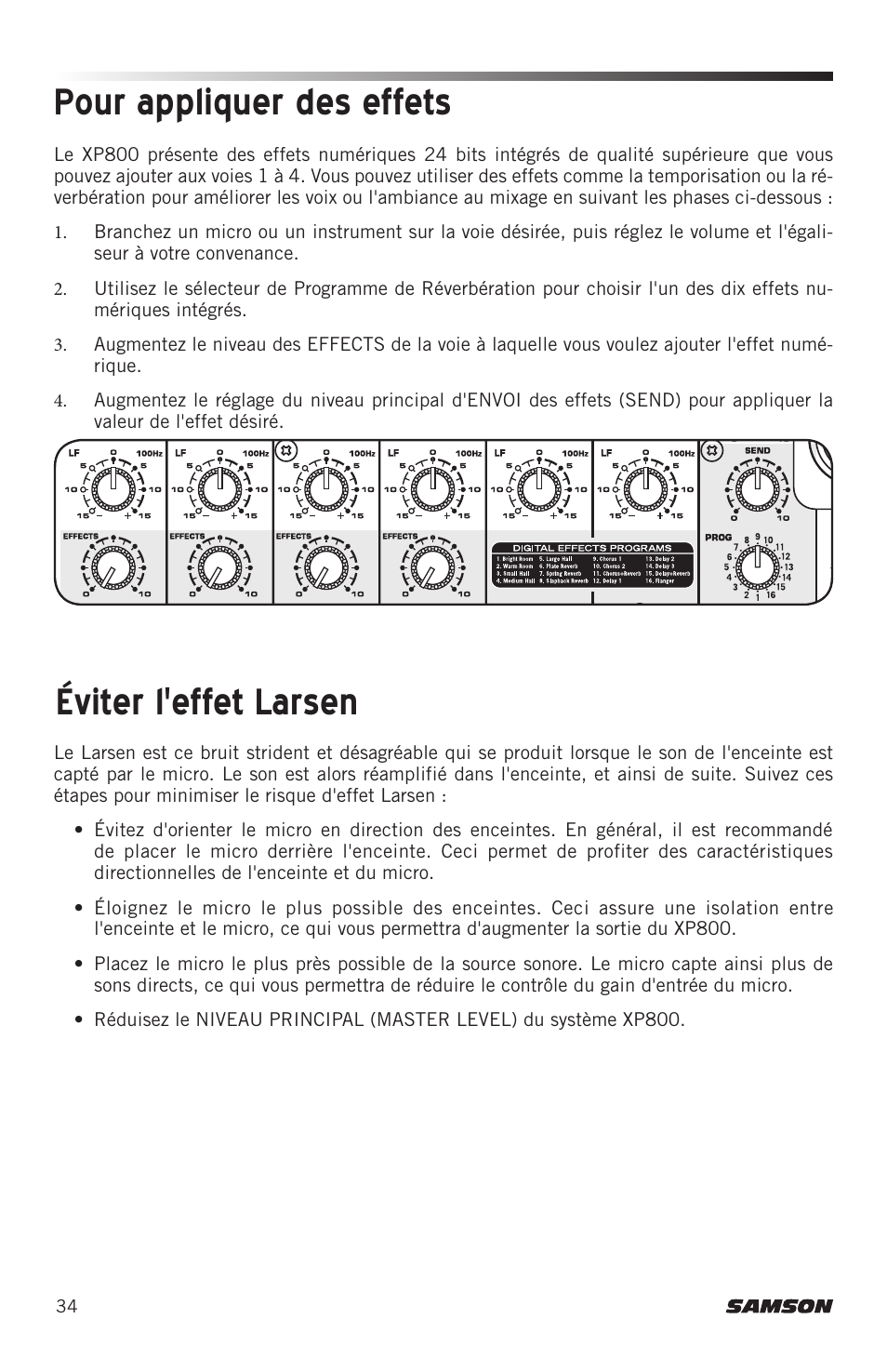 Pour appliquer des effets, Éviter l'effet larsen | Samson Expedition XP800 800W Portable PA System User Manual | Page 34 / 92