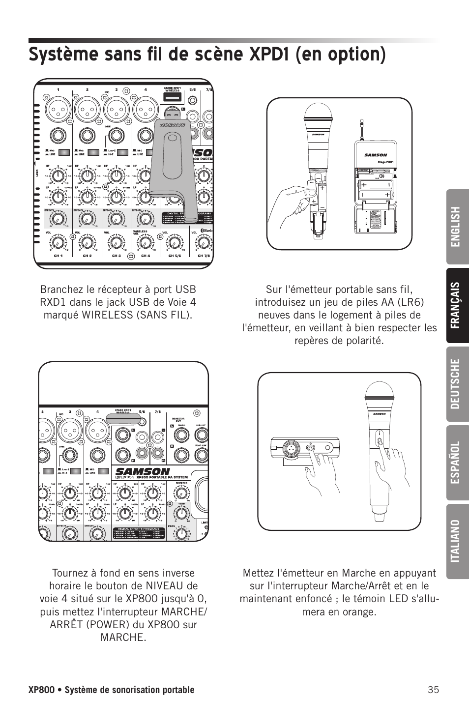 Système sans fil de scène xpd1 (en option) | Samson Expedition XP800 800W Portable PA System User Manual | Page 35 / 92