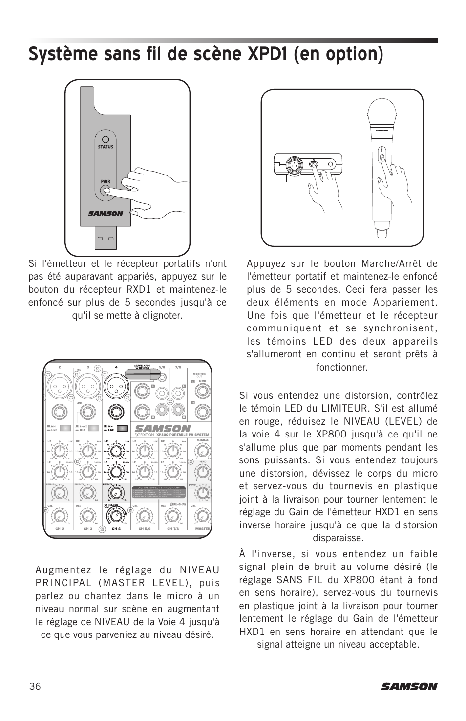 Système sans fil de scène xpd1 (en option) | Samson Expedition XP800 800W Portable PA System User Manual | Page 36 / 92