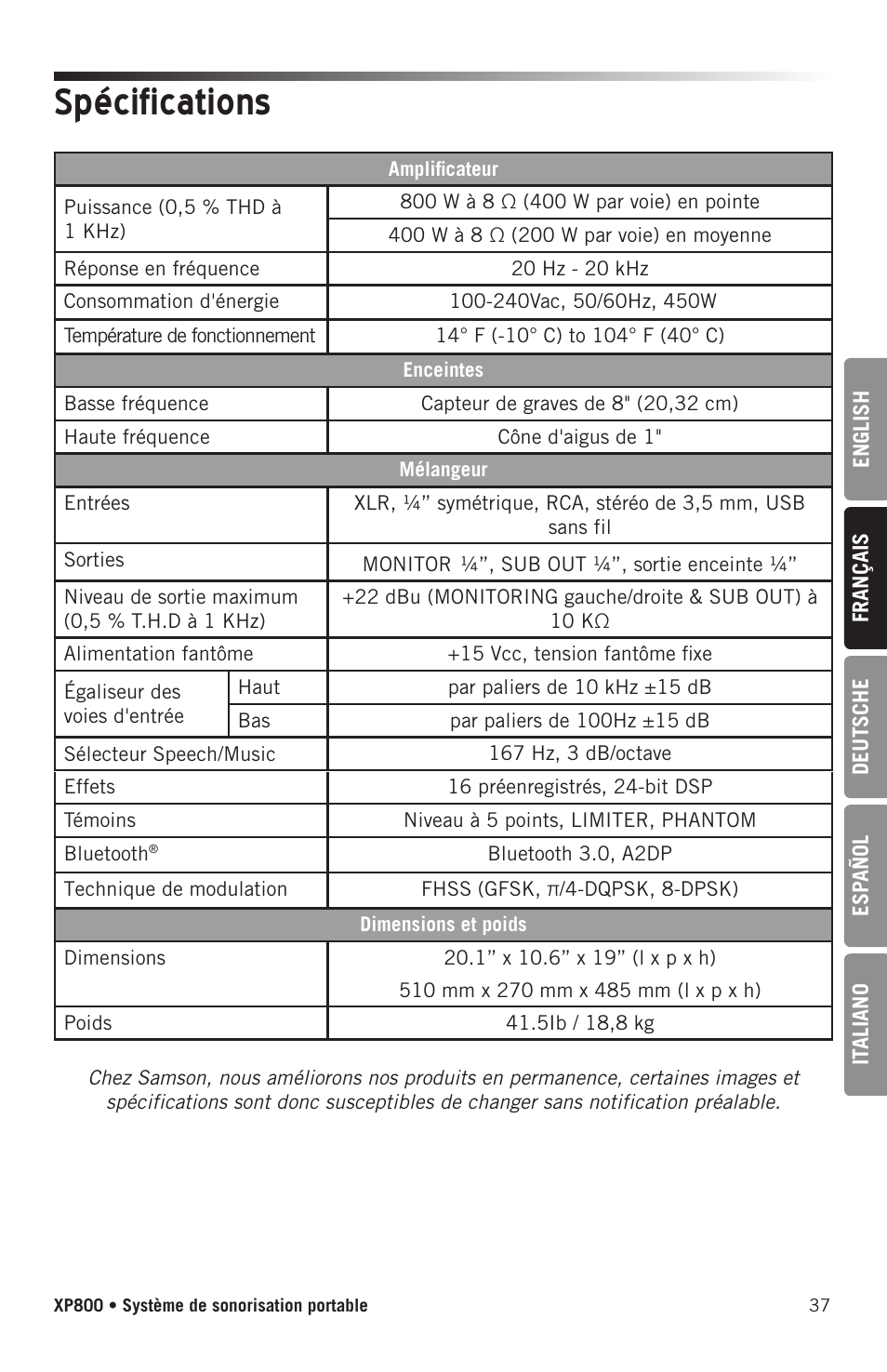 Spécifications | Samson Expedition XP800 800W Portable PA System User Manual | Page 37 / 92