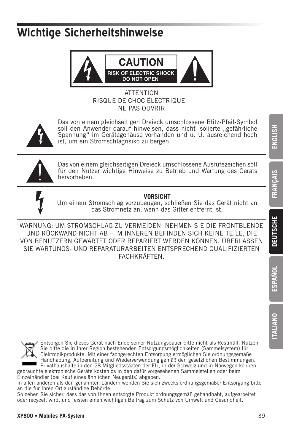 Wichtige sicherheitshinweise | Samson Expedition XP800 800W Portable PA System User Manual | Page 39 / 92