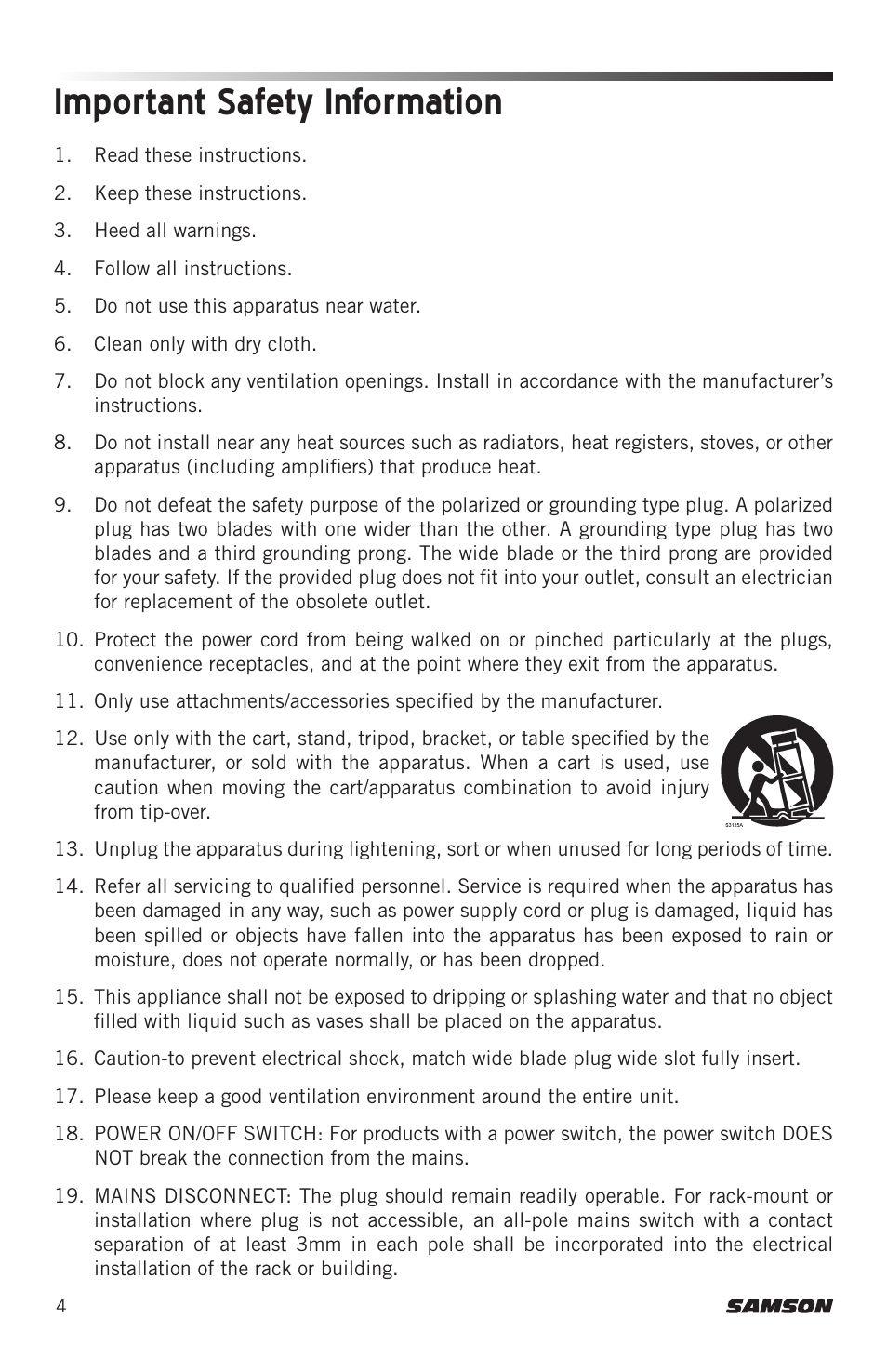 Important safety information | Samson Expedition XP800 800W Portable PA System User Manual | Page 4 / 92