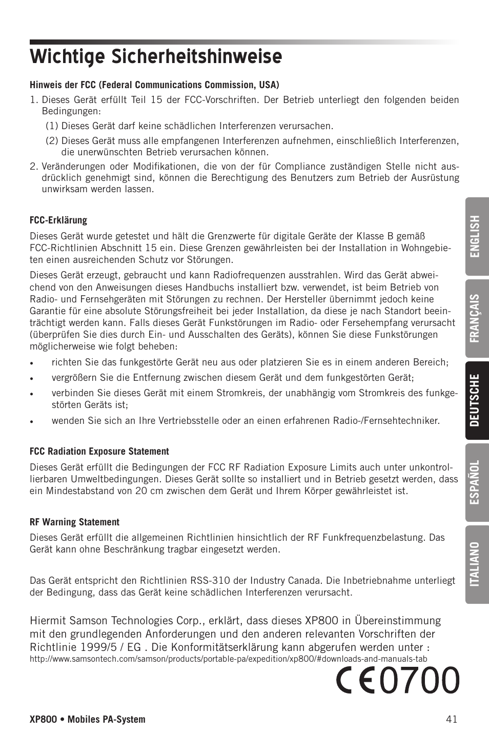 Wichtige sicherheitshinweise | Samson Expedition XP800 800W Portable PA System User Manual | Page 41 / 92