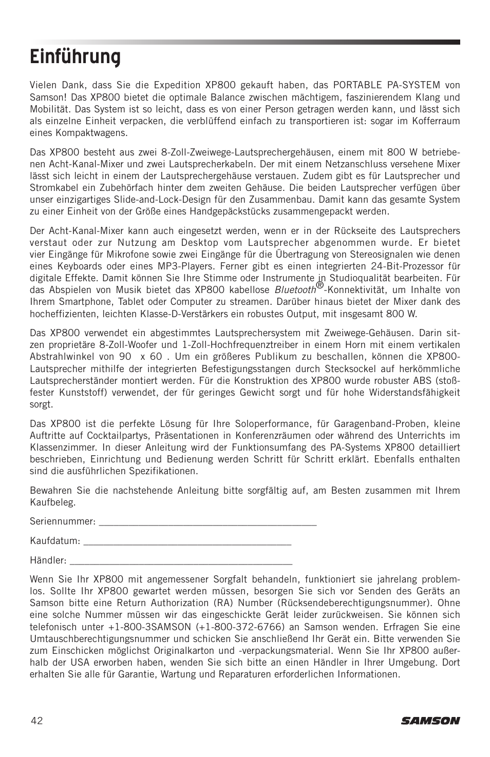 Einführung | Samson Expedition XP800 800W Portable PA System User Manual | Page 42 / 92