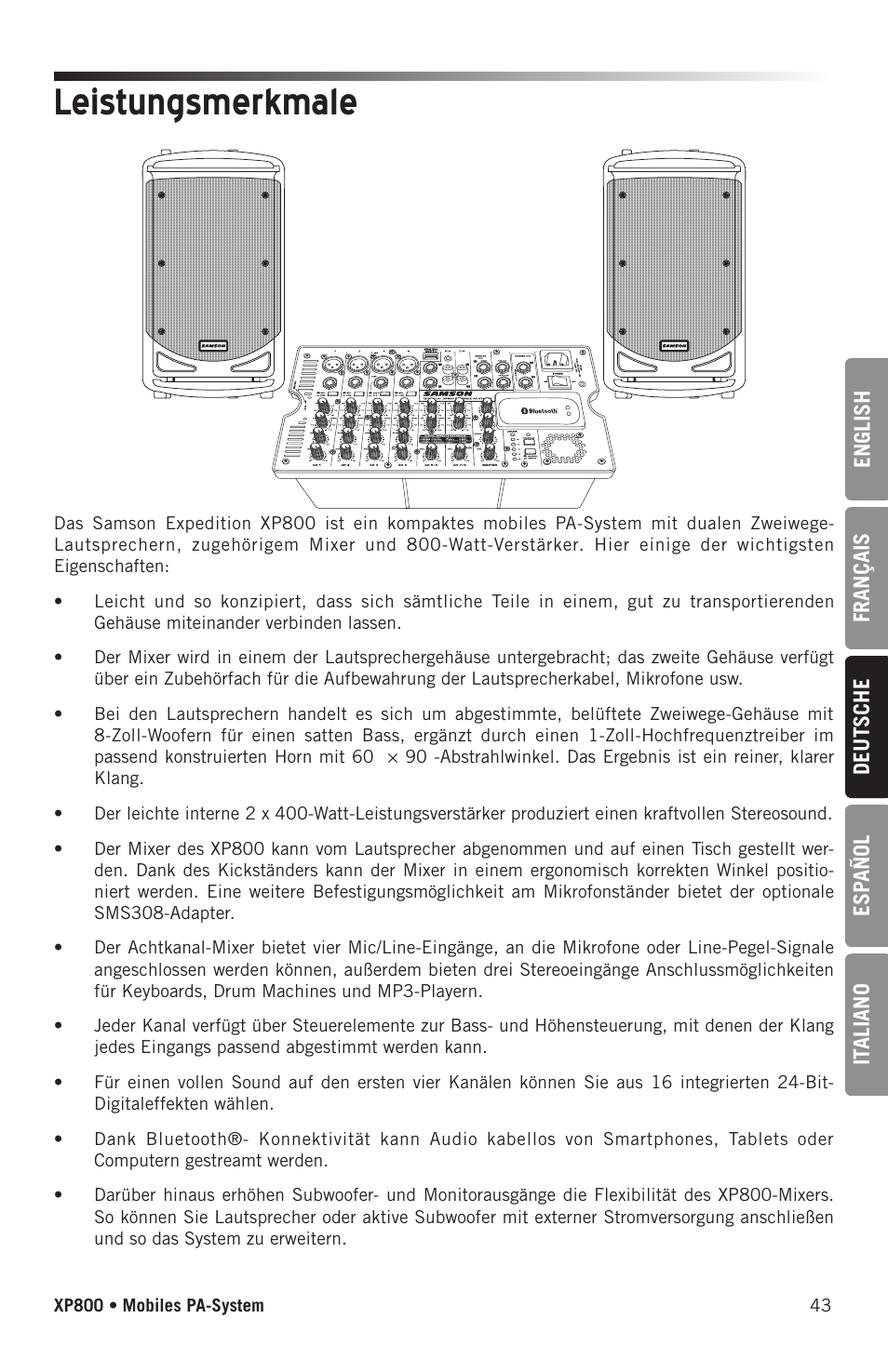 Leistungsmerkmale | Samson Expedition XP800 800W Portable PA System User Manual | Page 43 / 92