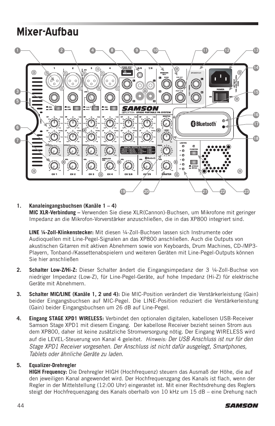 Mixer-aufbau | Samson Expedition XP800 800W Portable PA System User Manual | Page 44 / 92