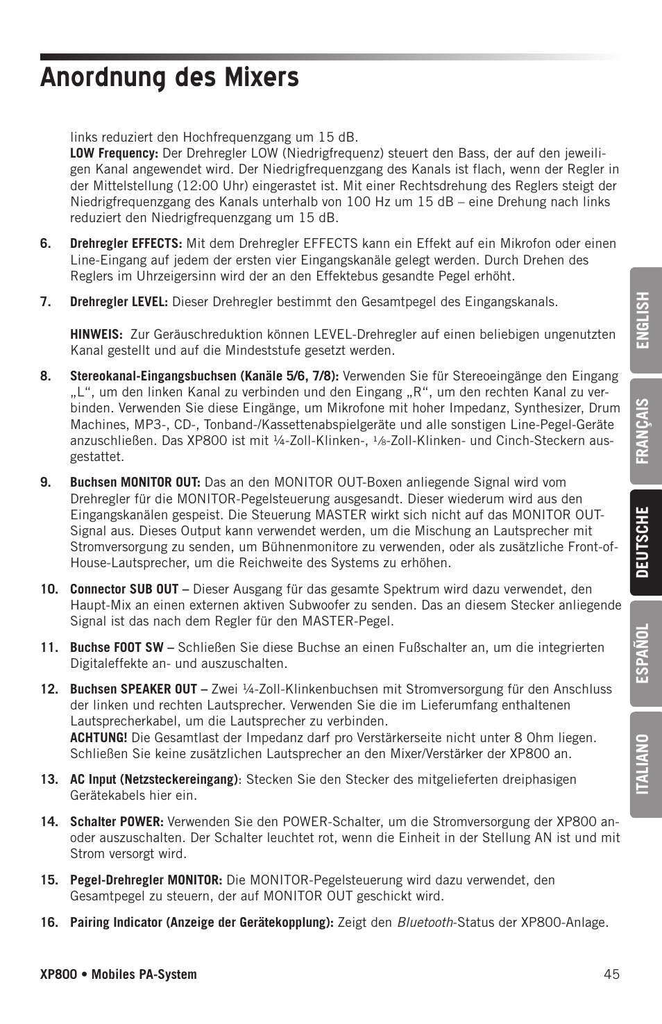 Anordnung des mixers | Samson Expedition XP800 800W Portable PA System User Manual | Page 45 / 92