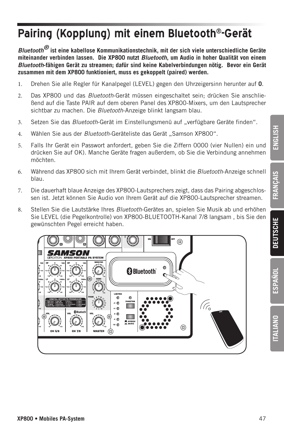 Pairing (kopplung) mit einem bluetooth, Gerät | Samson Expedition XP800 800W Portable PA System User Manual | Page 47 / 92