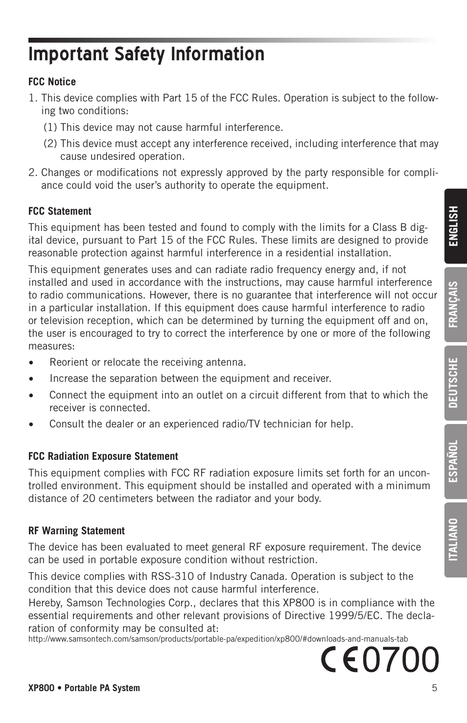 Important safety information | Samson Expedition XP800 800W Portable PA System User Manual | Page 5 / 92