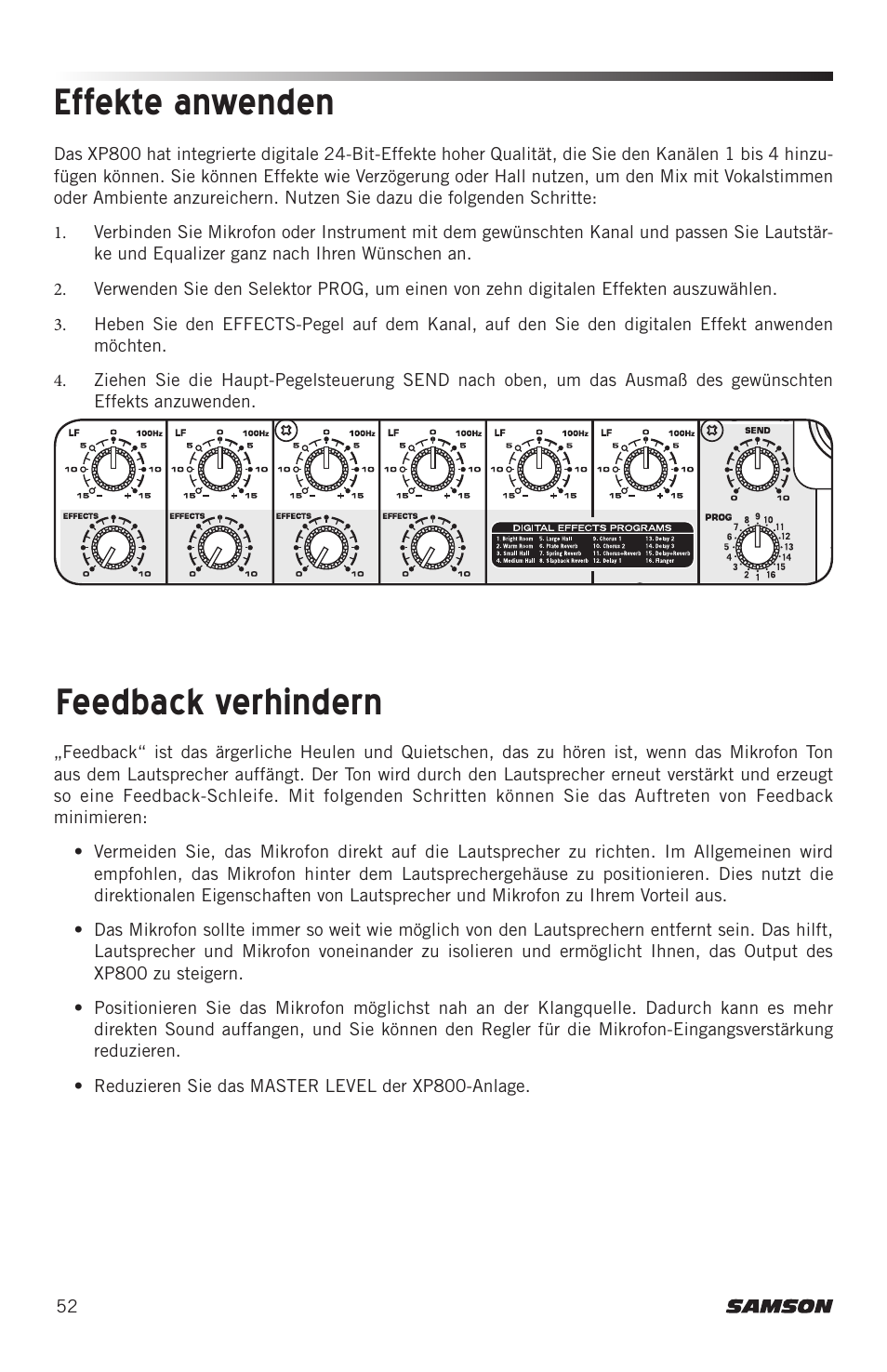 Effekte anwenden, Feedback verhindern | Samson Expedition XP800 800W Portable PA System User Manual | Page 52 / 92