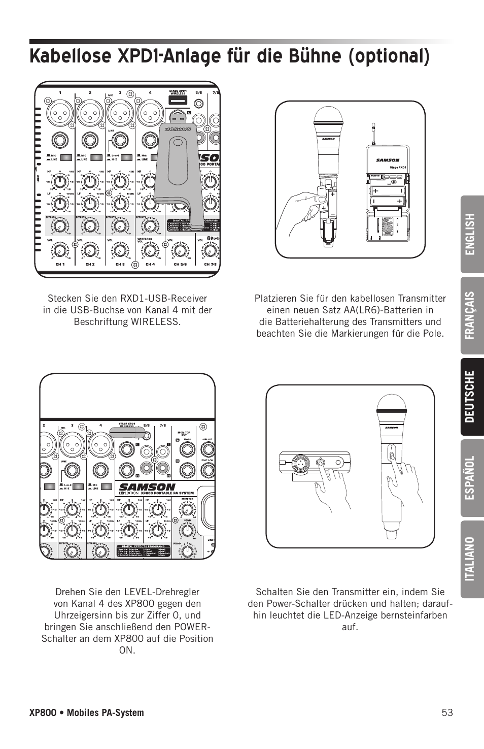 Kabellose xpd1-anlage für die bühne (optional) | Samson Expedition XP800 800W Portable PA System User Manual | Page 53 / 92