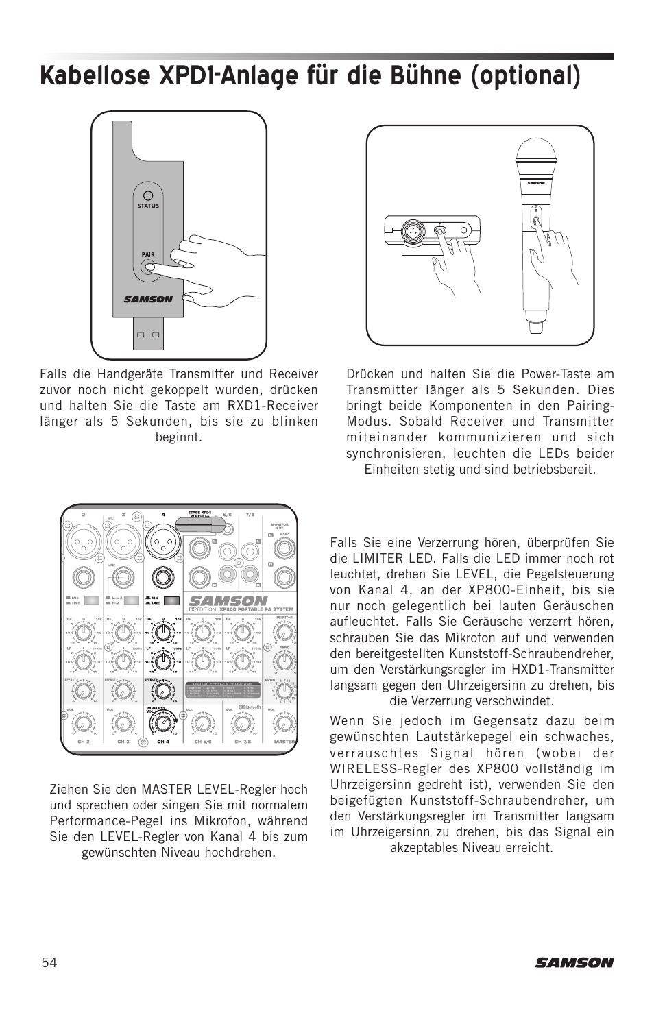 Kabellose xpd1-anlage für die bühne (optional) | Samson Expedition XP800 800W Portable PA System User Manual | Page 54 / 92