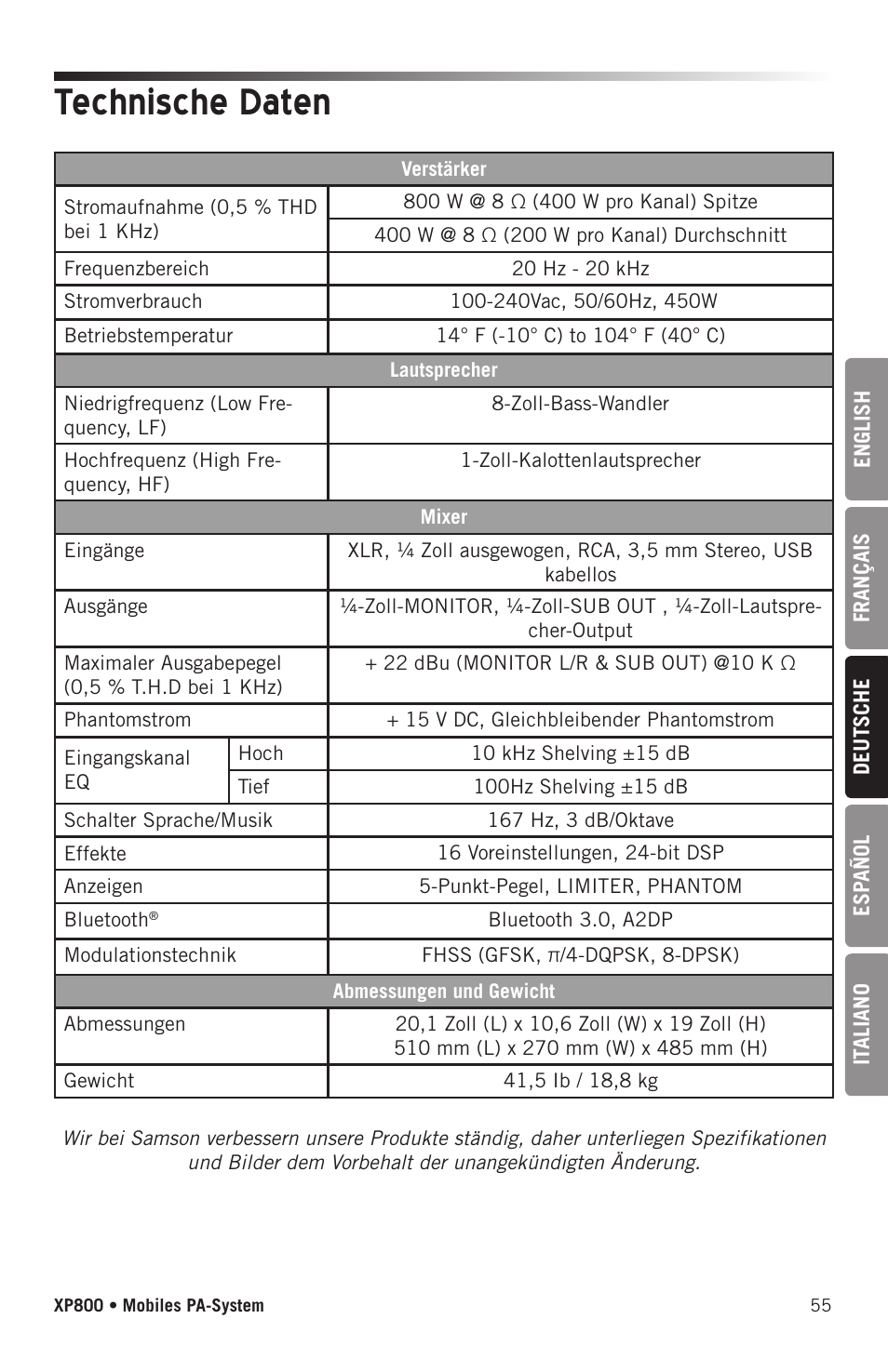 Technische daten | Samson Expedition XP800 800W Portable PA System User Manual | Page 55 / 92