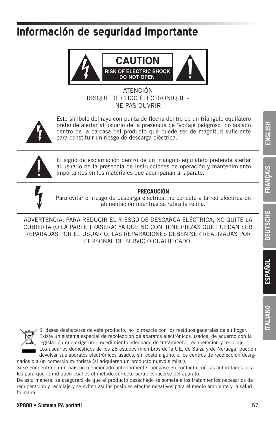 Información de seguridad importante | Samson Expedition XP800 800W Portable PA System User Manual | Page 57 / 92