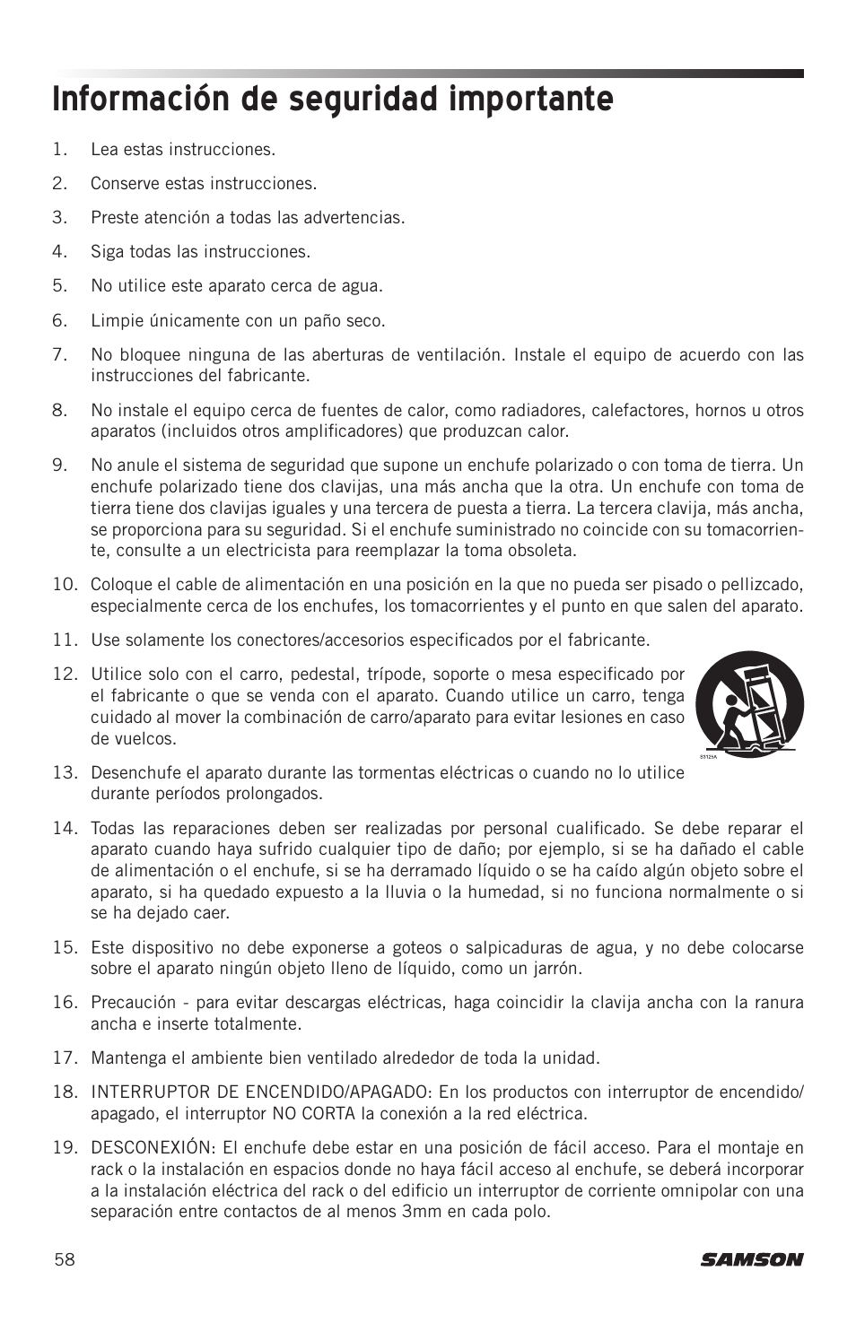 Información de seguridad importante | Samson Expedition XP800 800W Portable PA System User Manual | Page 58 / 92