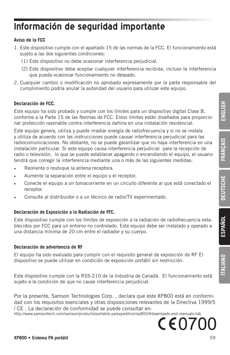 Información de seguridad importante | Samson Expedition XP800 800W Portable PA System User Manual | Page 59 / 92