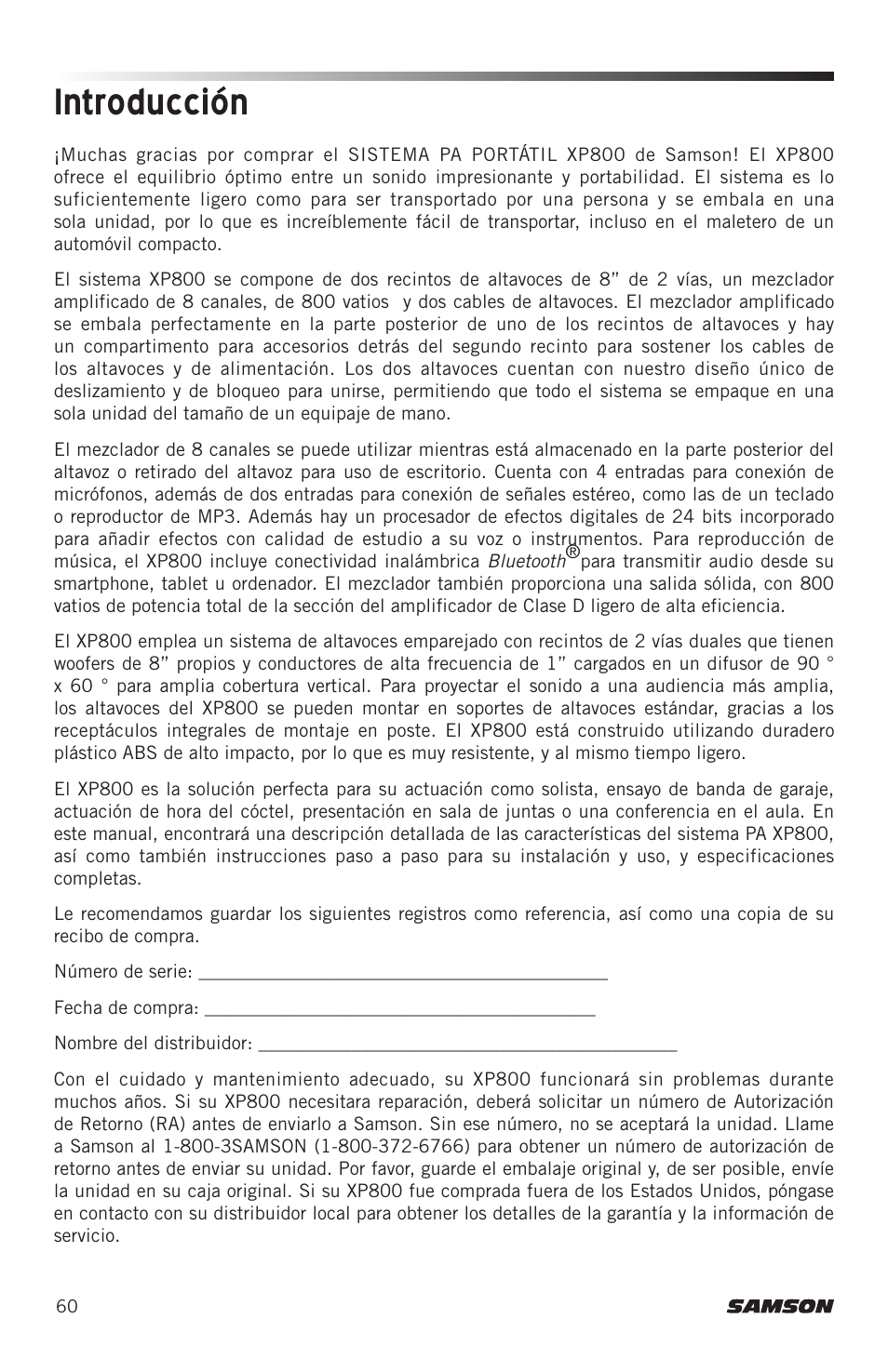 Introducción | Samson Expedition XP800 800W Portable PA System User Manual | Page 60 / 92