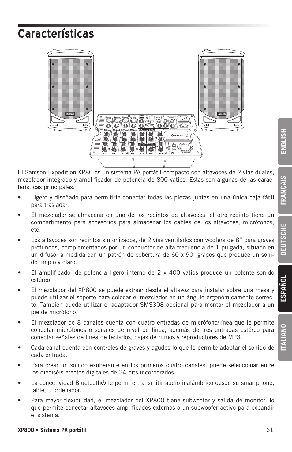 Características | Samson Expedition XP800 800W Portable PA System User Manual | Page 61 / 92