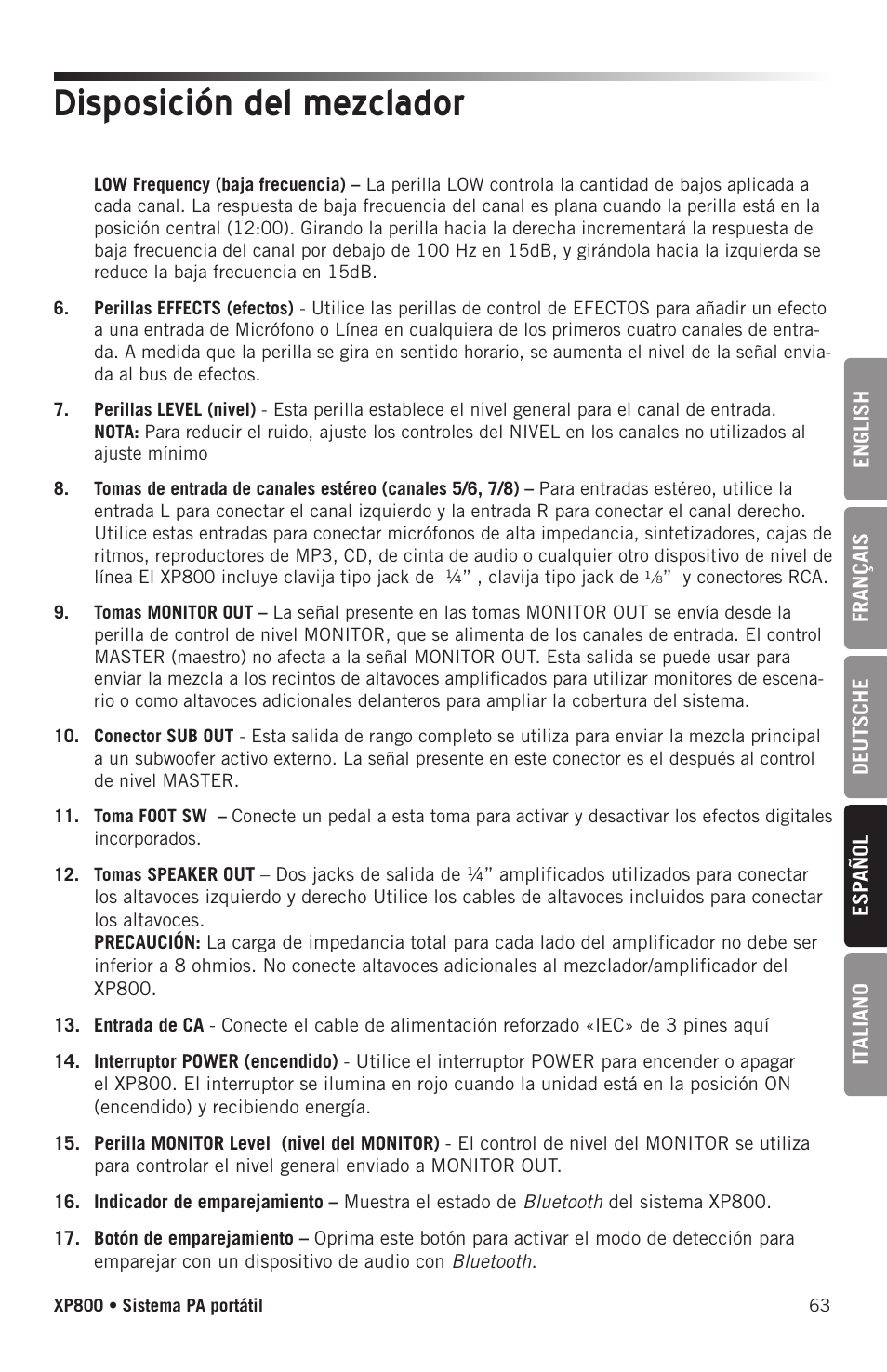 Disposición del mezclador | Samson Expedition XP800 800W Portable PA System User Manual | Page 63 / 92