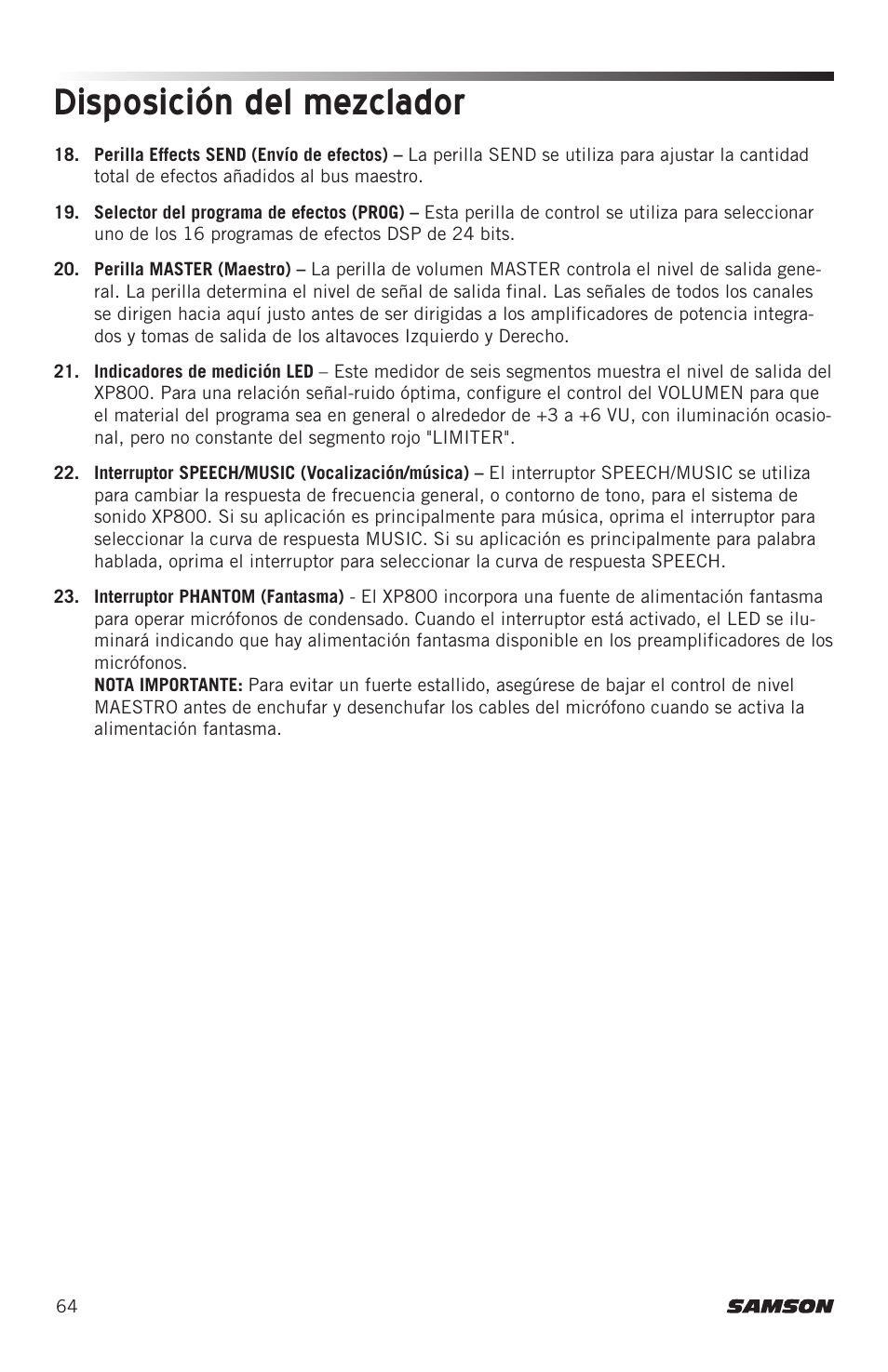 Disposición del mezclador | Samson Expedition XP800 800W Portable PA System User Manual | Page 64 / 92