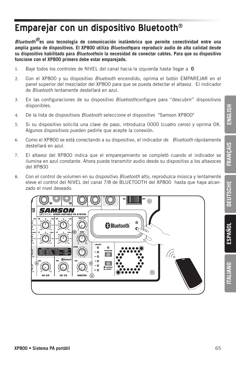 Emparejar con un dispositivo bluetooth | Samson Expedition XP800 800W Portable PA System User Manual | Page 65 / 92