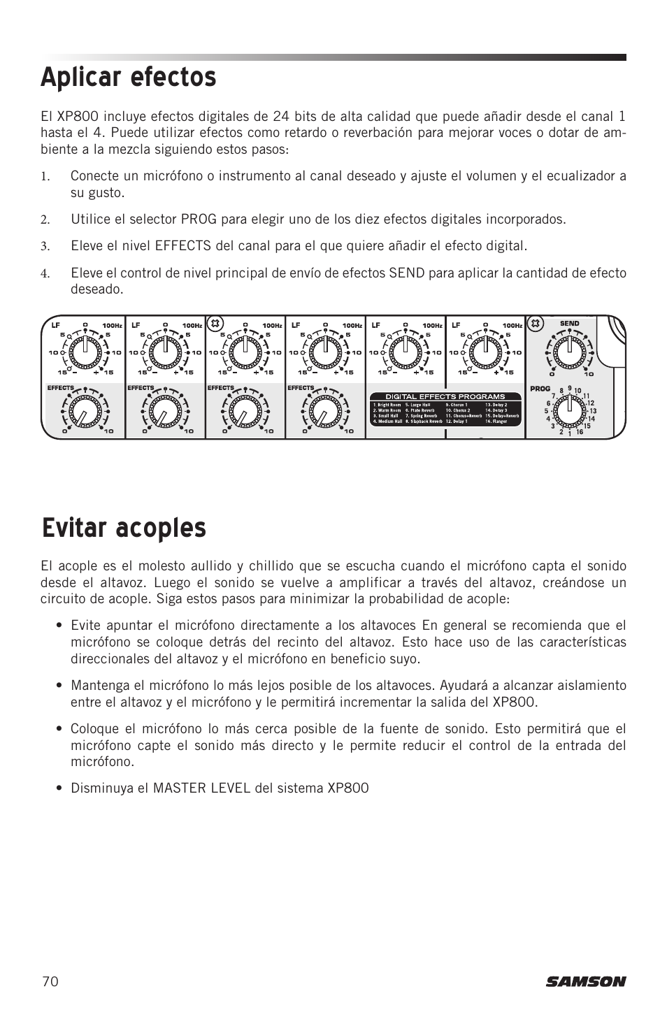 Aplicar efectos, Evitar acoples | Samson Expedition XP800 800W Portable PA System User Manual | Page 70 / 92