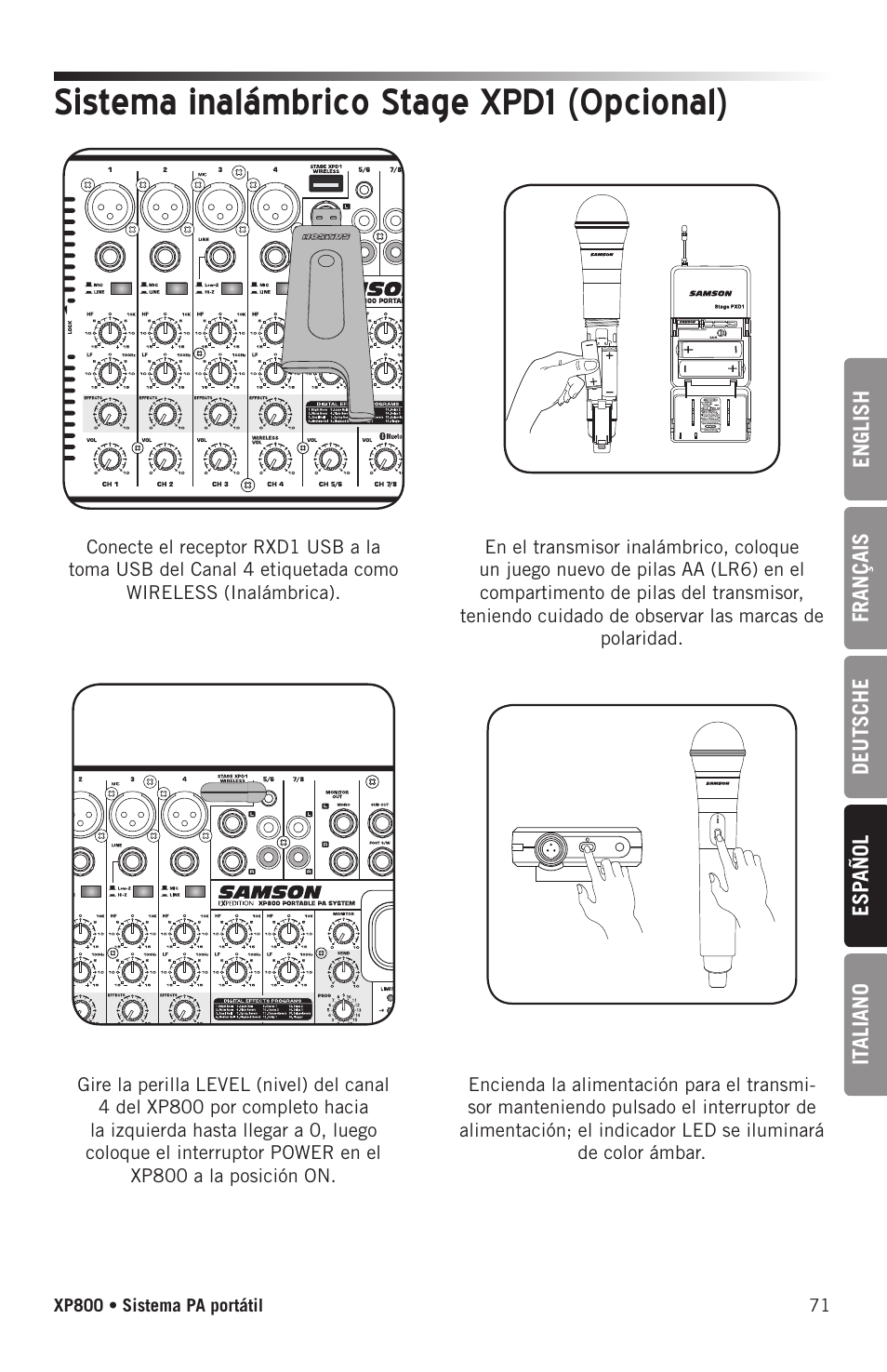 Sistema inalámbrico stage xpd1 (opcional) | Samson Expedition XP800 800W Portable PA System User Manual | Page 71 / 92